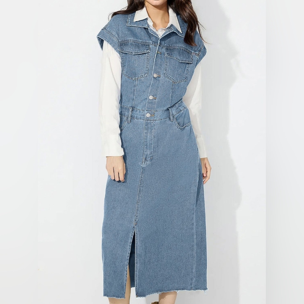 Denim Jacket Dress Pocket Chest Blue Jean Collared Midi Half Button Slit Front